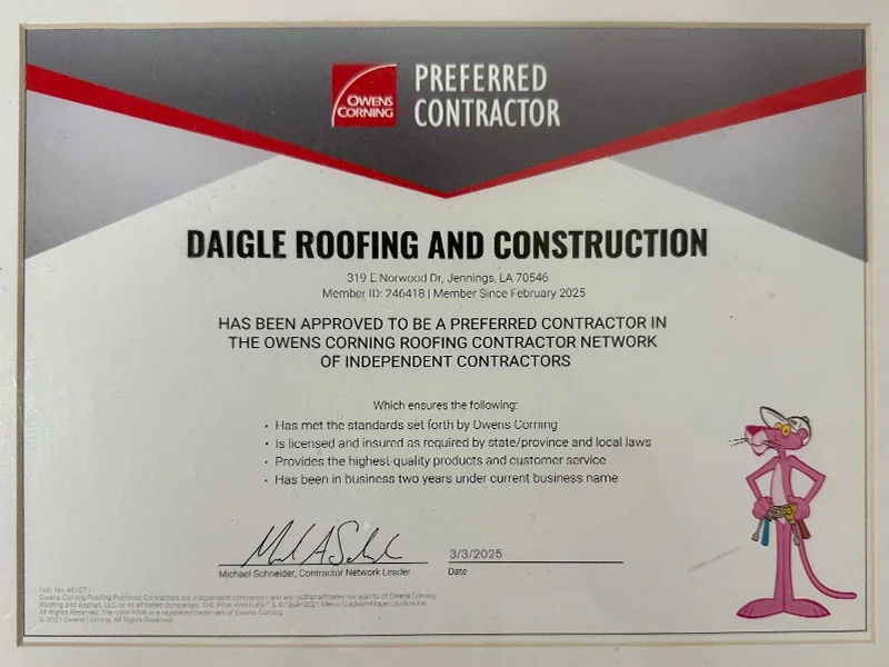 Owens Corning Preferred Contractor certificate for Daigle Roofing and Construction